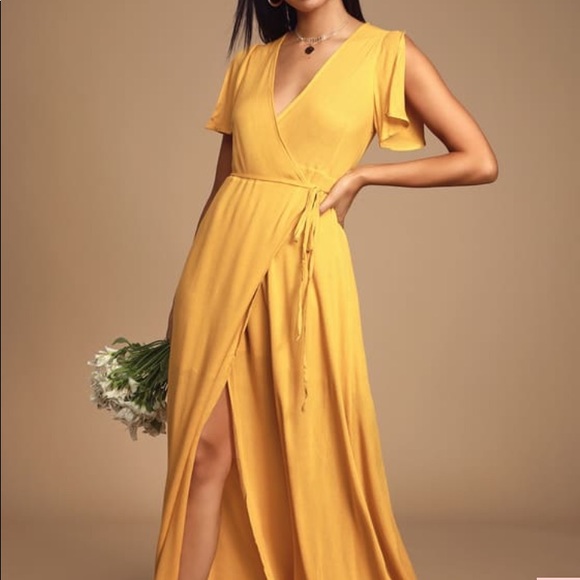 much obliged golden yellow wrap maxi dress
